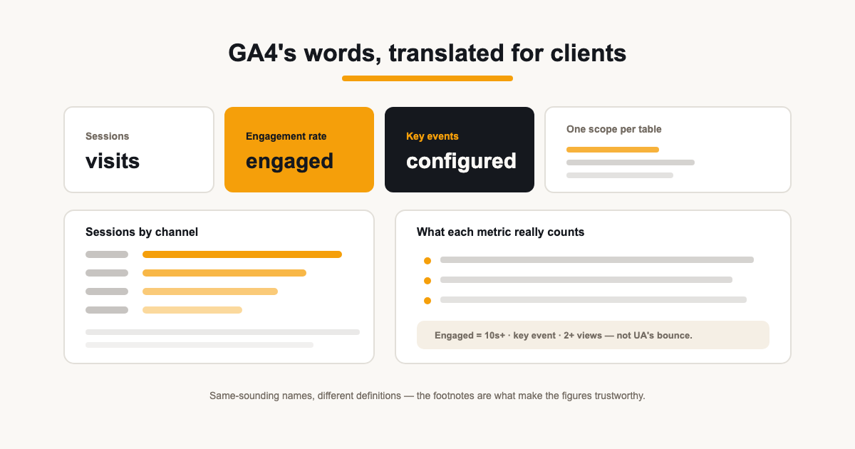 Illustration of a GA4-style metrics panel with sessions, engagement and key event tiles