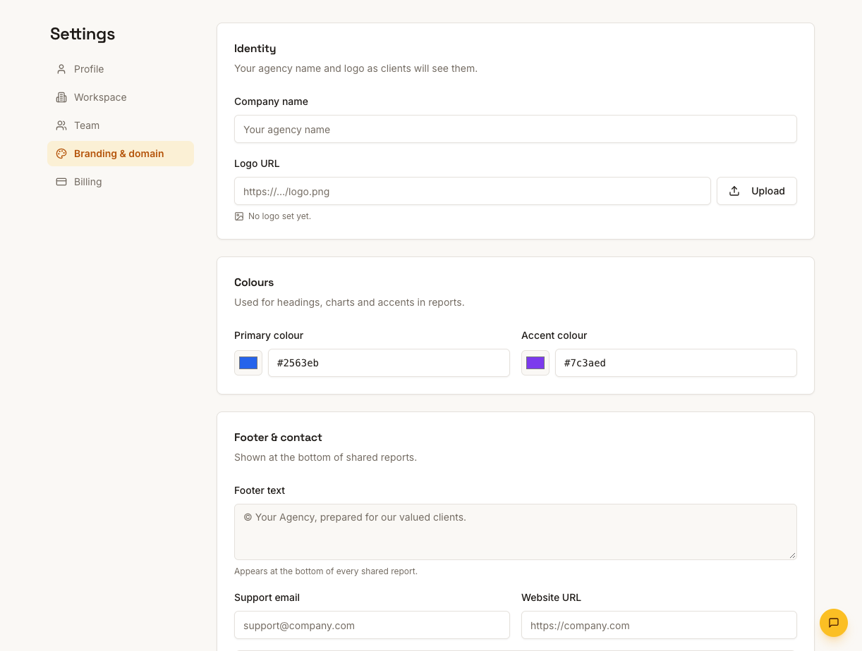 The ReportingBee branding settings screen with logo, colours and report styling options