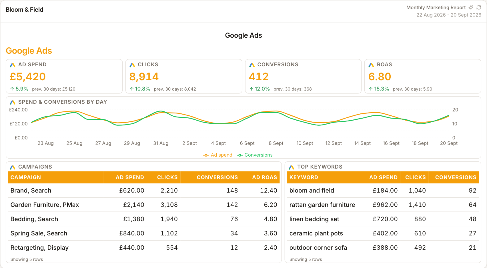 A ReportingBee Google Ads report section with spend, clicks and conversions