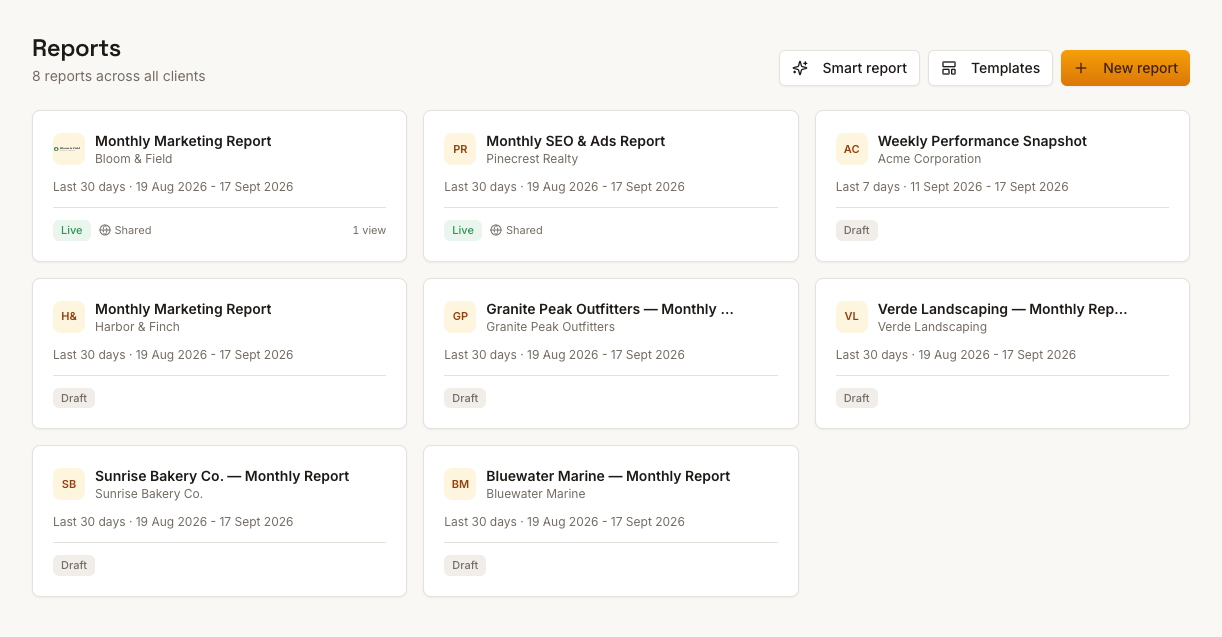The ReportingBee reports list showing reports across multiple clients
